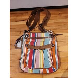 FOSSIL Crossbody Bag Striped Canvas Shoulder Purse Boho Floral Hippie Key